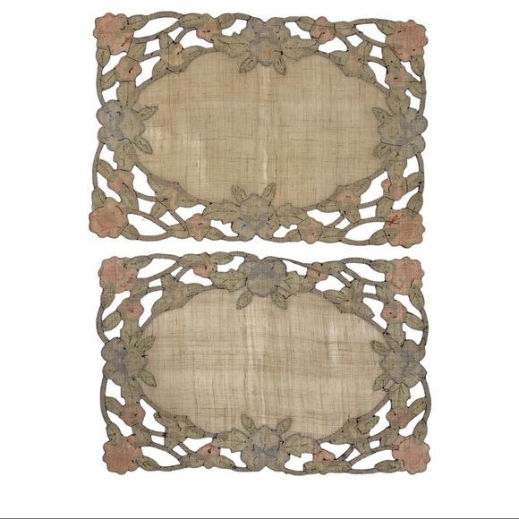 Vintage 9 PC Set Floral Hand Embroidered Scalloped Linen Table Runner Place Mats - Picture 5 of 16